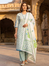 White cotton floral kurti set with aabla neck detail