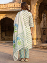 White cotton floral kurti set with aabla neck detail