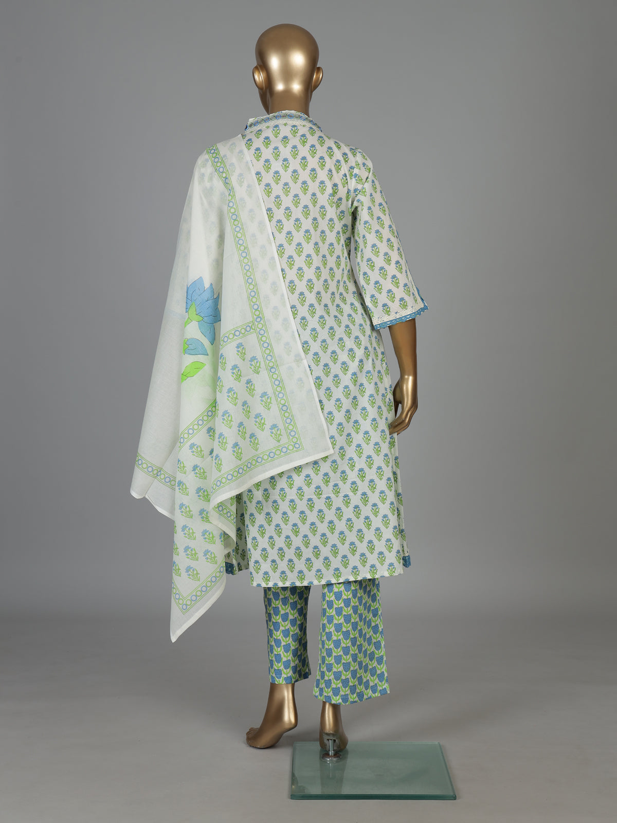 White cotton floral kurti set with aabla neck detail