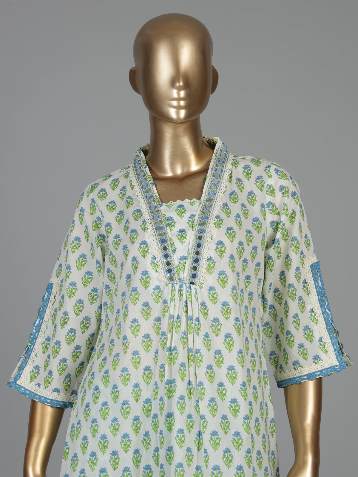 White cotton floral kurti set with aabla neck detail