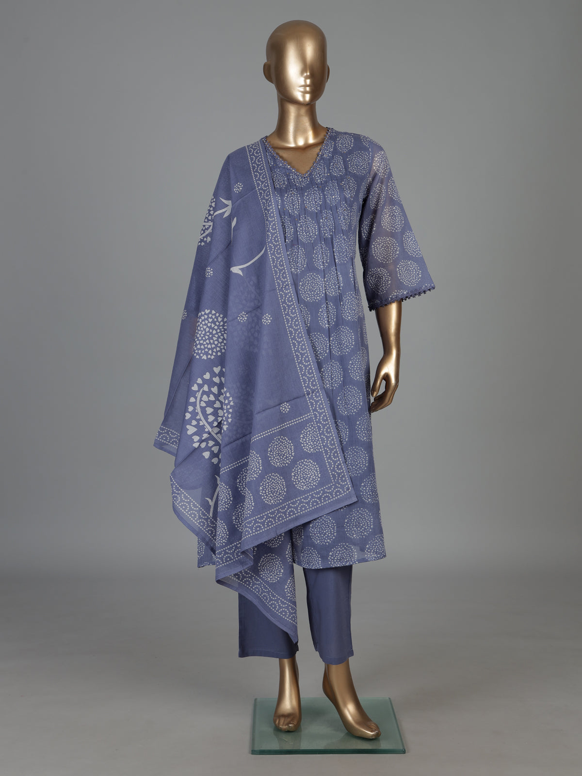 Grey cotton printed kurti set with straight cut elegance