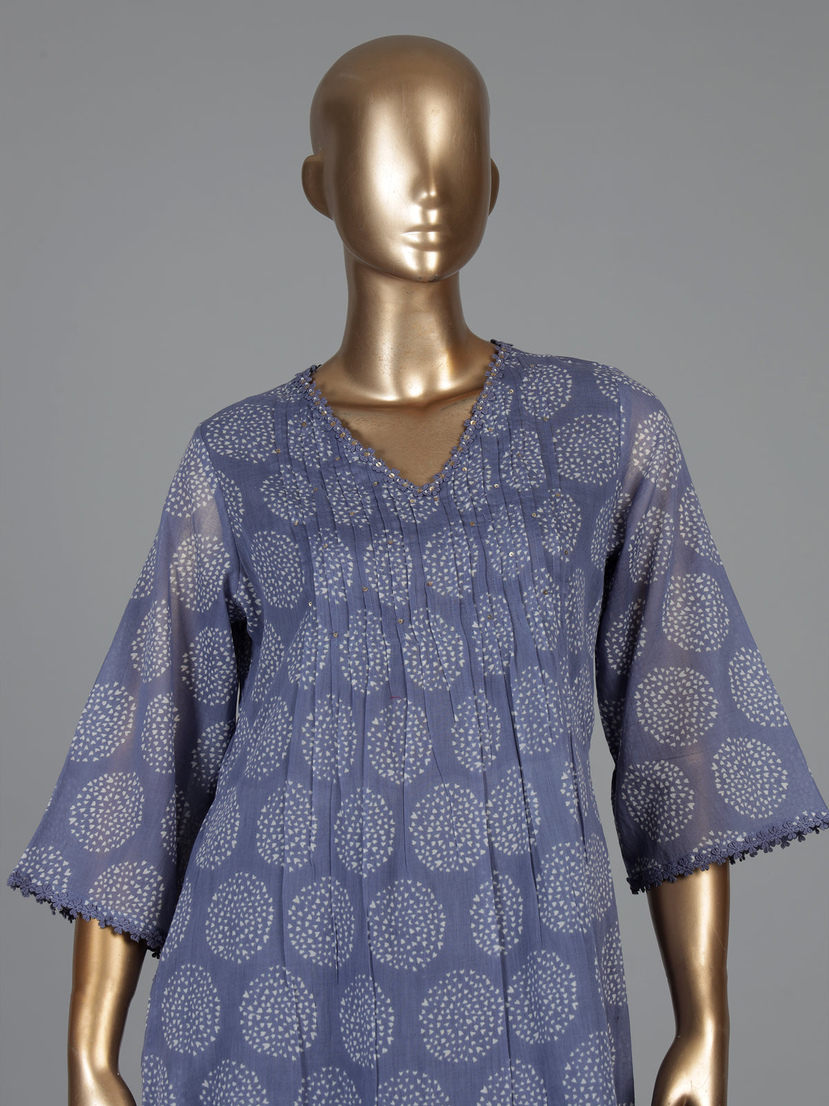 Grey cotton printed kurti set with straight cut elegance
