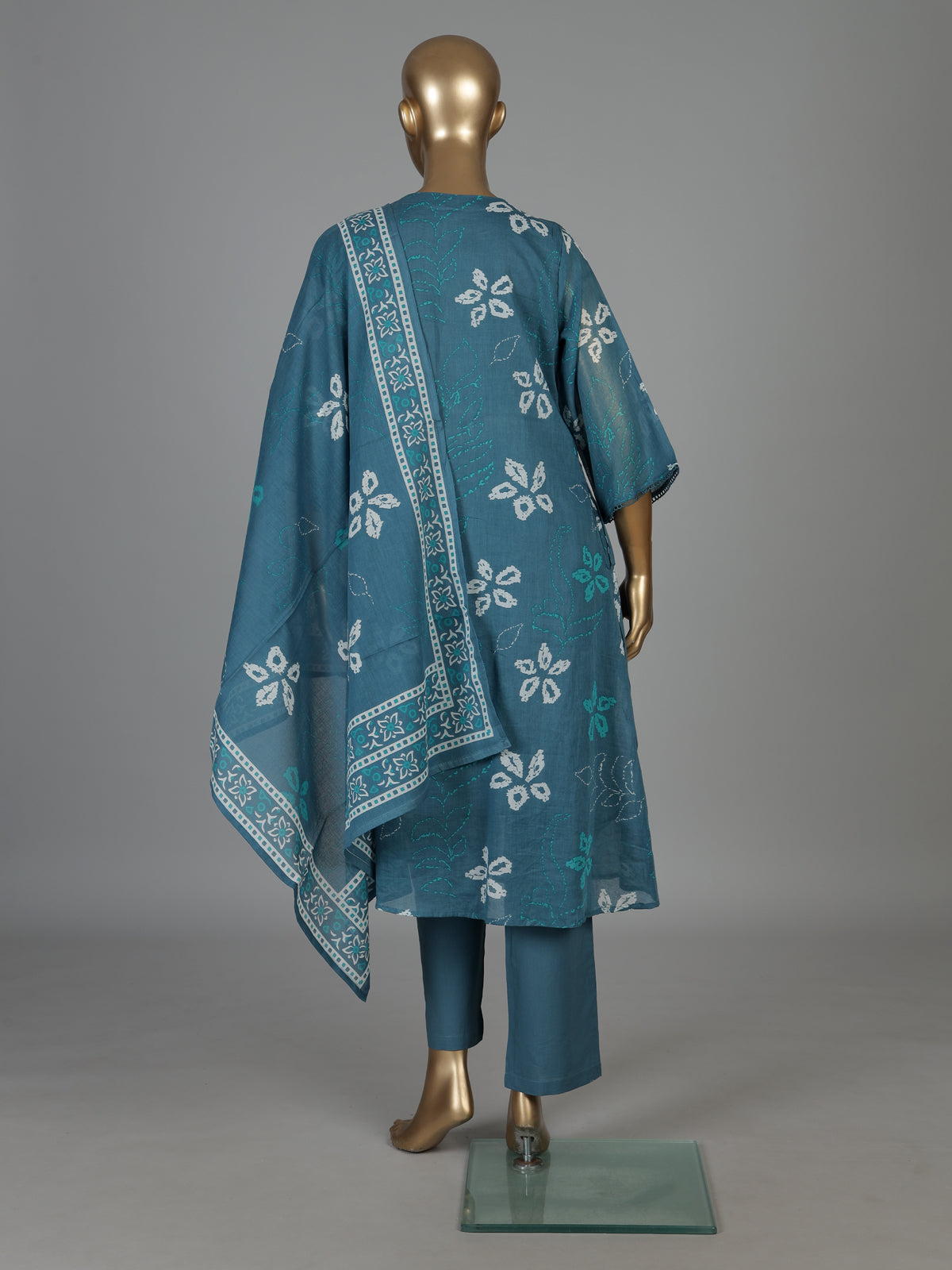 Stone blue cotton floral kurti set with dupatta style