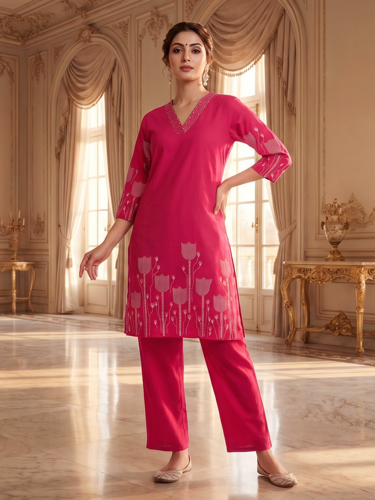 Rani pink cotton kurti set with printed straight cut style