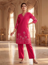 Rani pink cotton kurti set with printed straight cut style