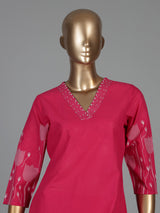 Rani pink cotton kurti set with printed straight cut style