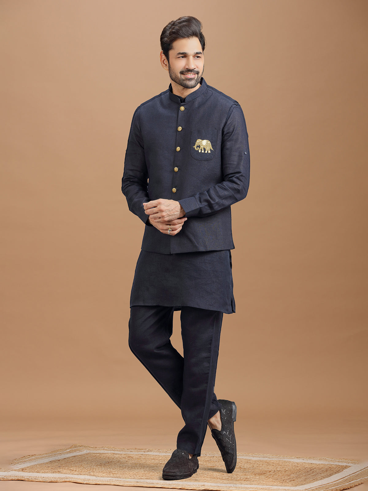 Navy blue linen waistcoat set with zari elephant embroidery