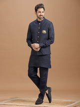 Navy blue linen waistcoat set with zari elephant embroidery