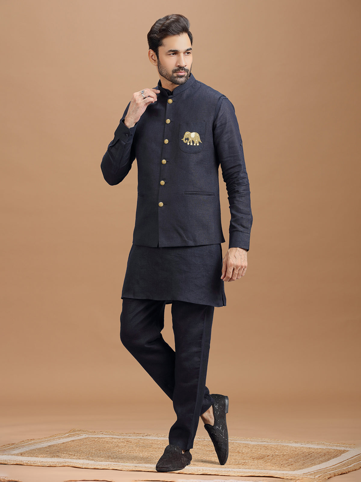 Navy blue linen waistcoat set with zari elephant embroidery