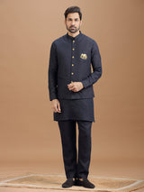 Navy blue linen waistcoat set with zari elephant embroidery