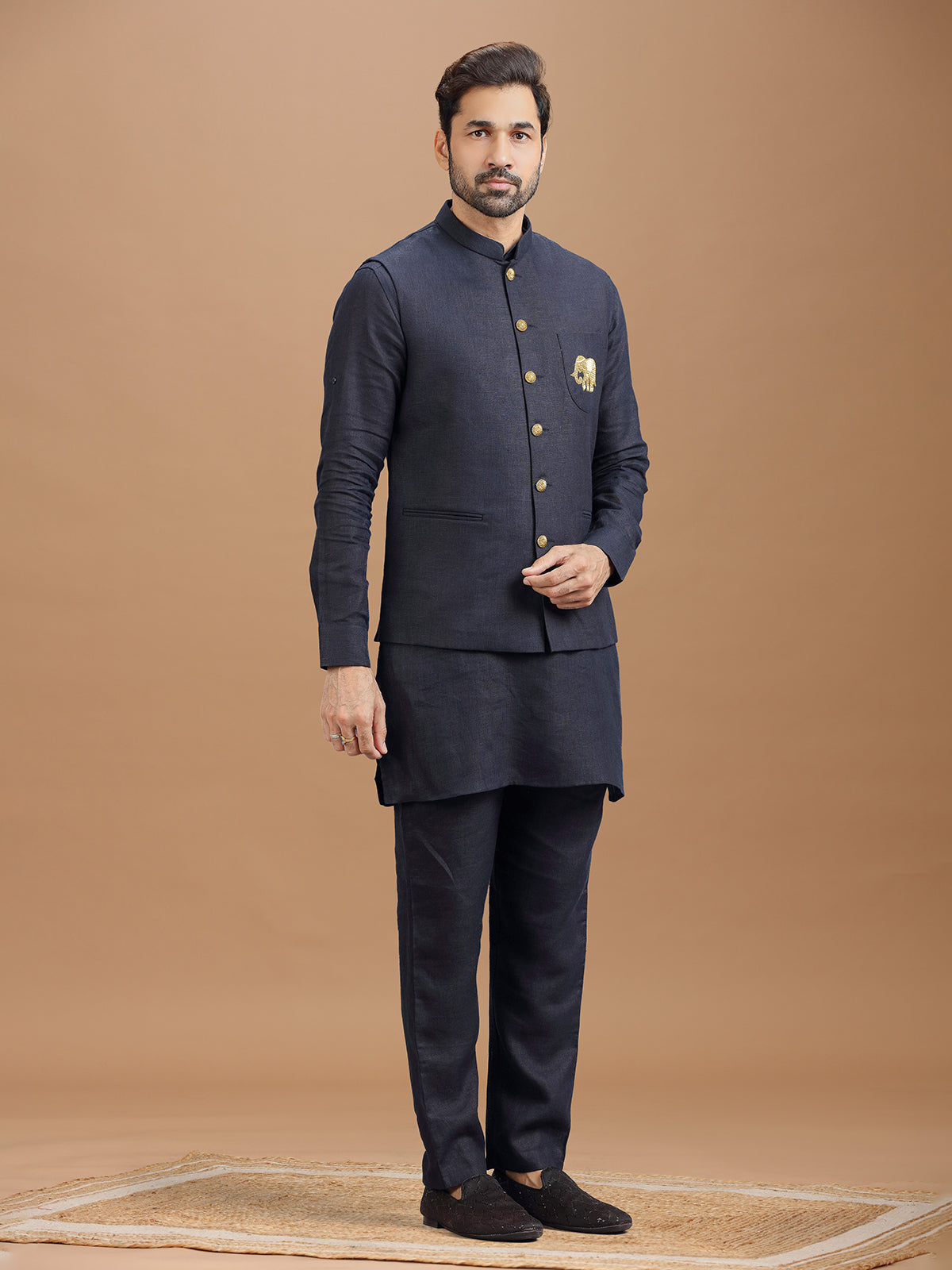 Navy blue linen waistcoat set with zari elephant embroidery