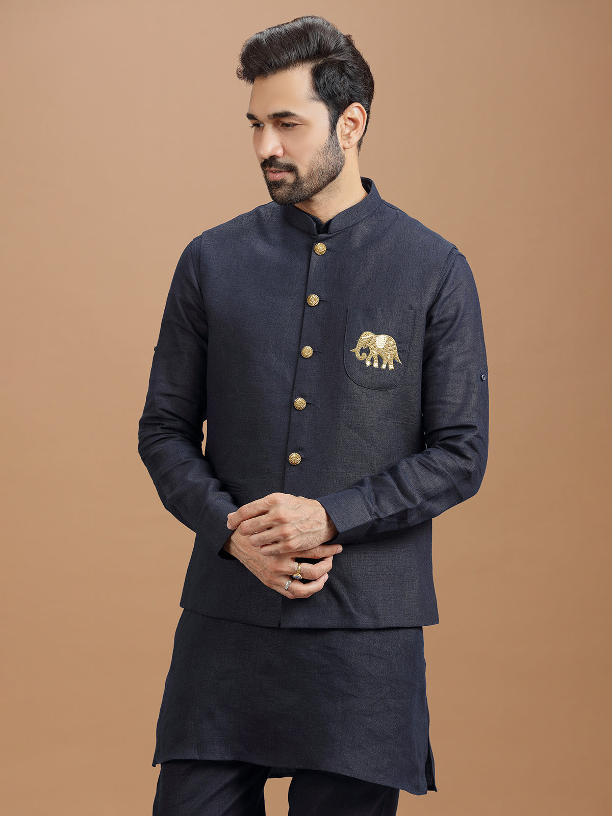 Navy blue linen waistcoat set with zari elephant embroidery