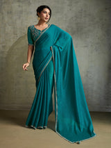 Stylish rama blue chiffon reception wear saree