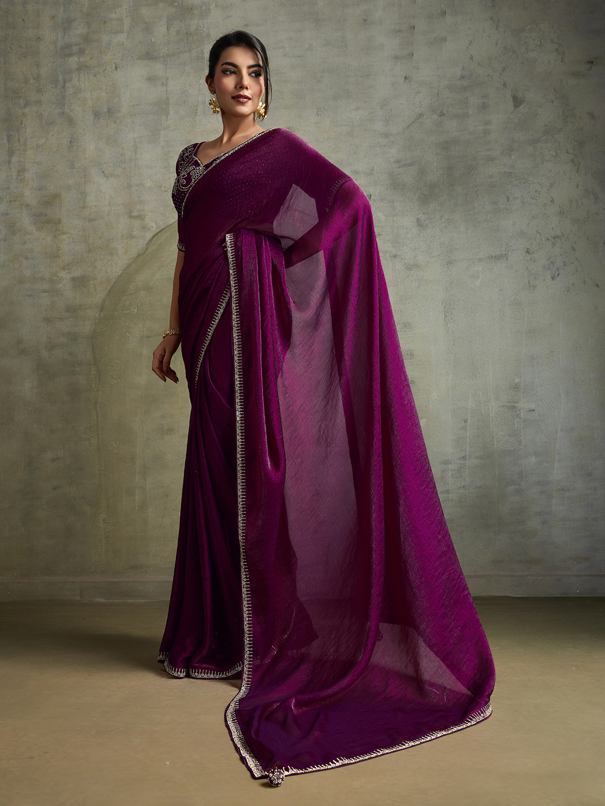 Royal wine chiffon festive designer saree