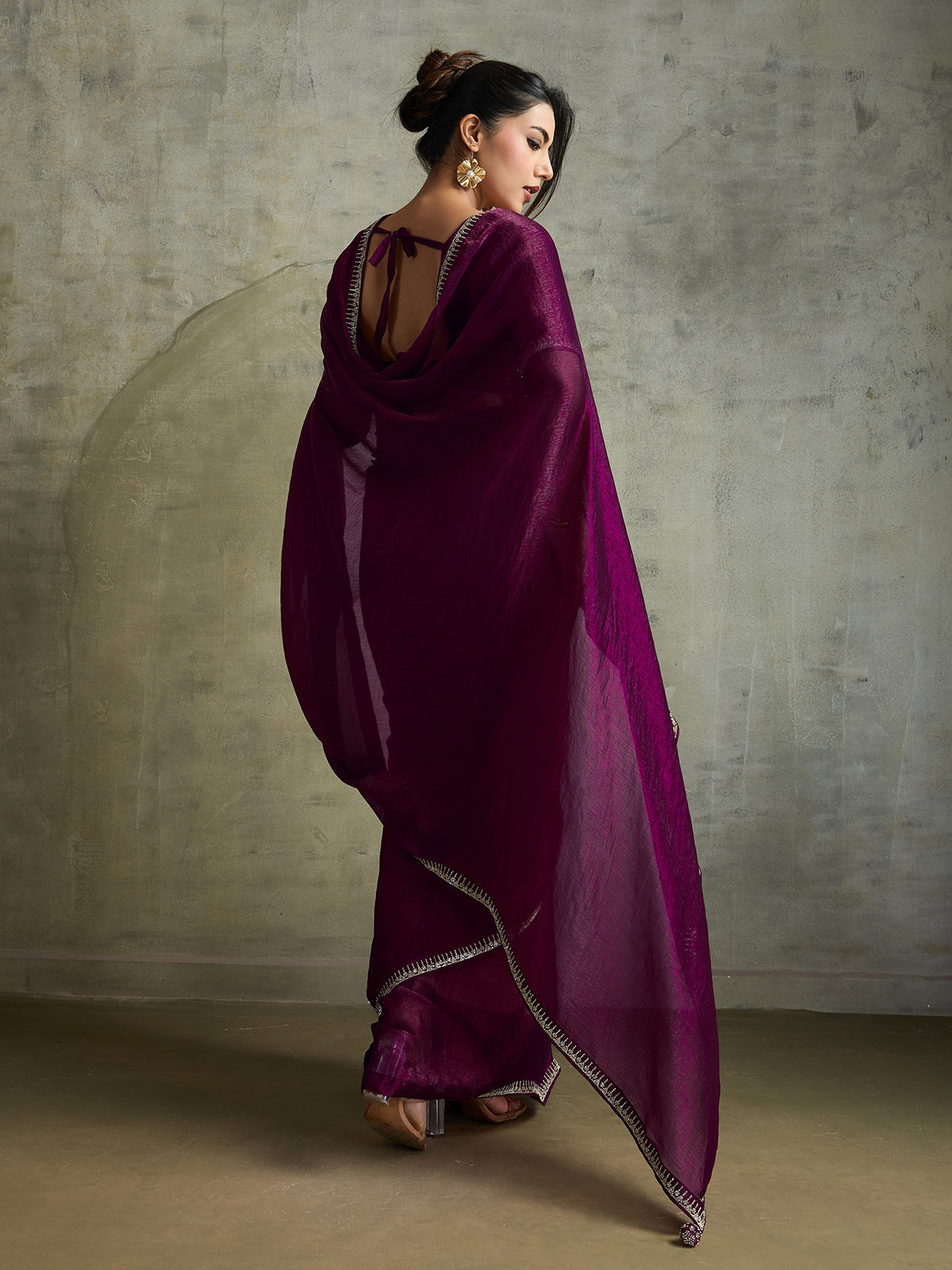 Royal wine chiffon festive designer saree