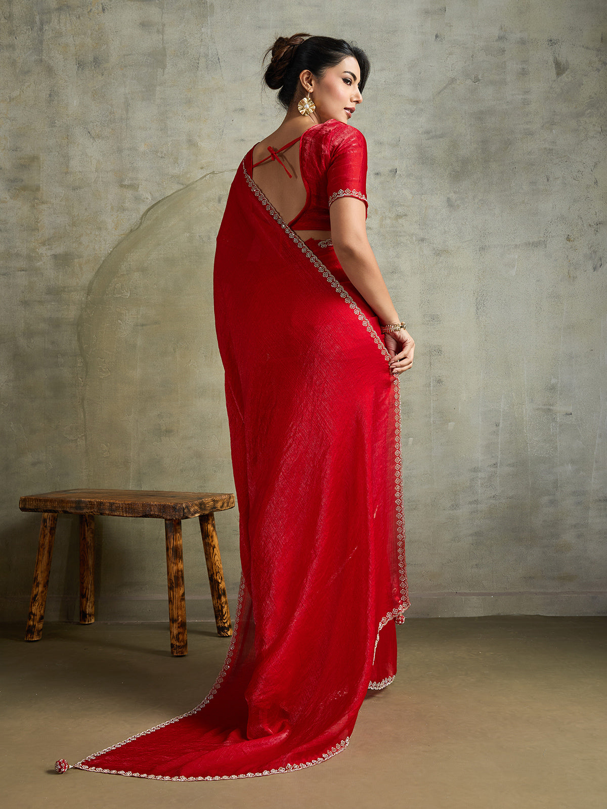 Classic red chiffon designer festive saree