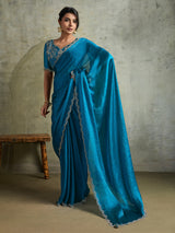 Trendy blue chiffon sparkling partywear saree
