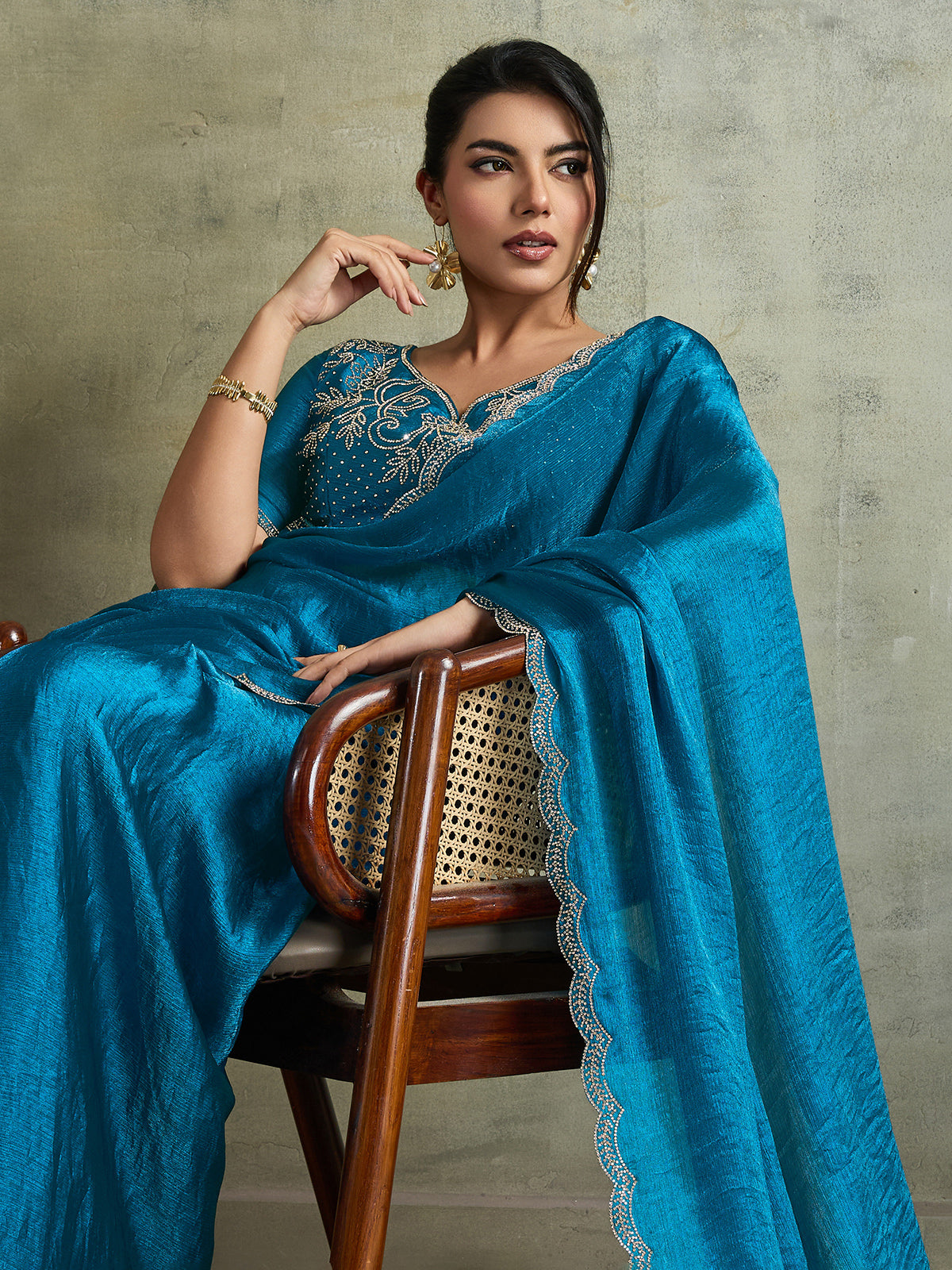 Trendy blue chiffon sparkling partywear saree