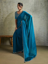 Trendy blue chiffon sparkling partywear saree