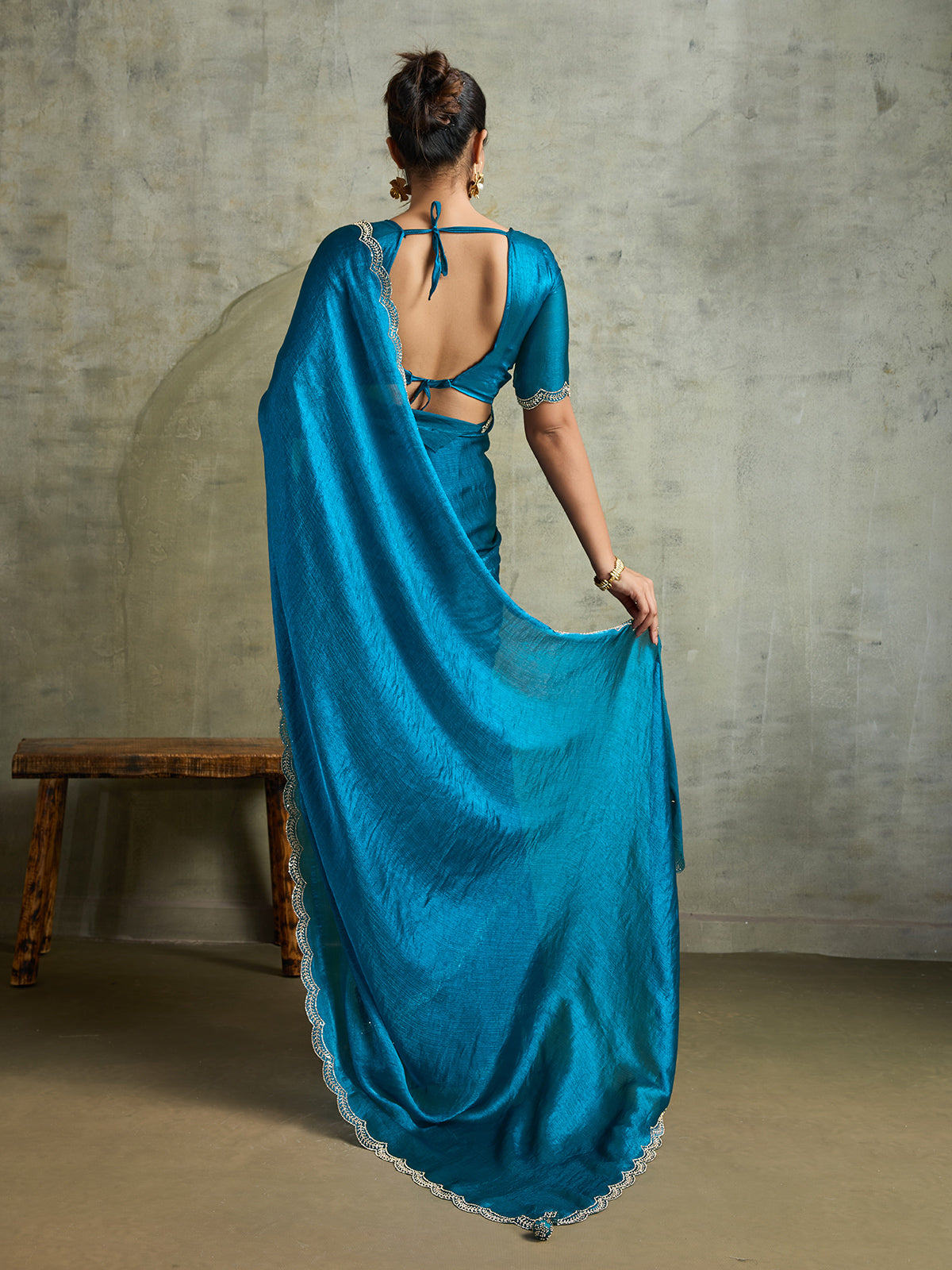 Trendy blue chiffon sparkling partywear saree