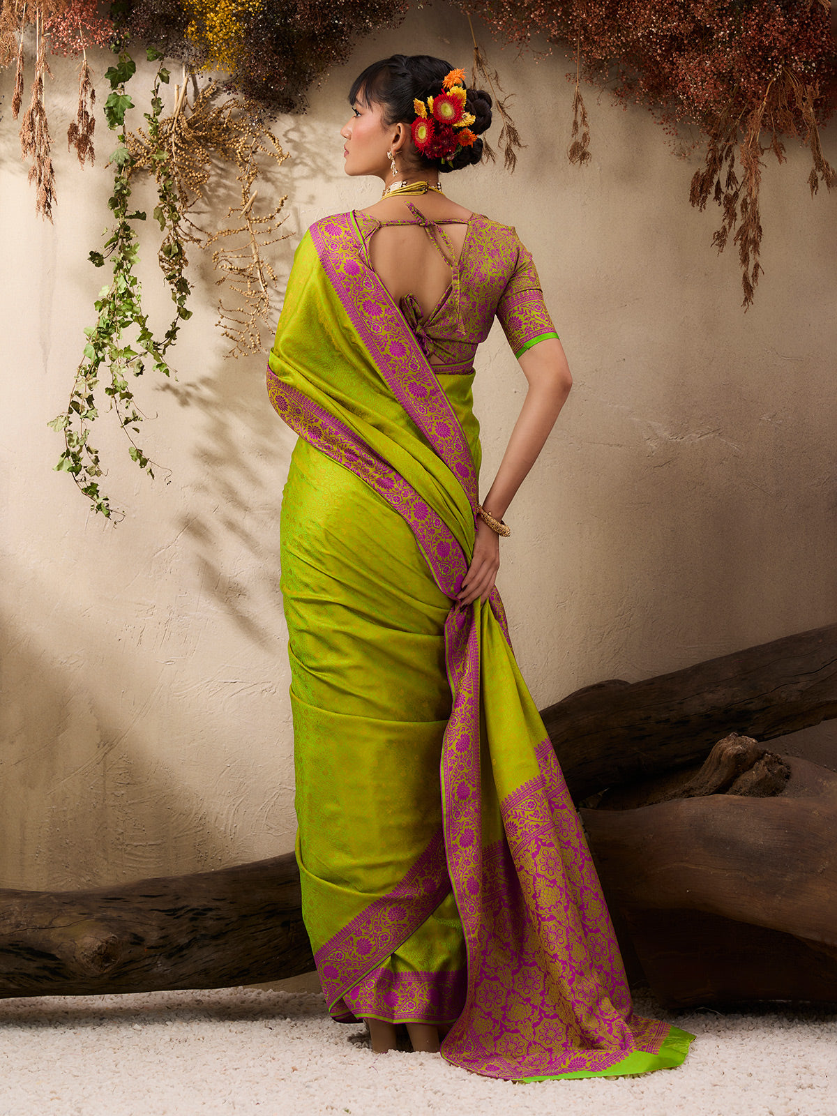 Stylish green kanjivaram silk festive wear saree