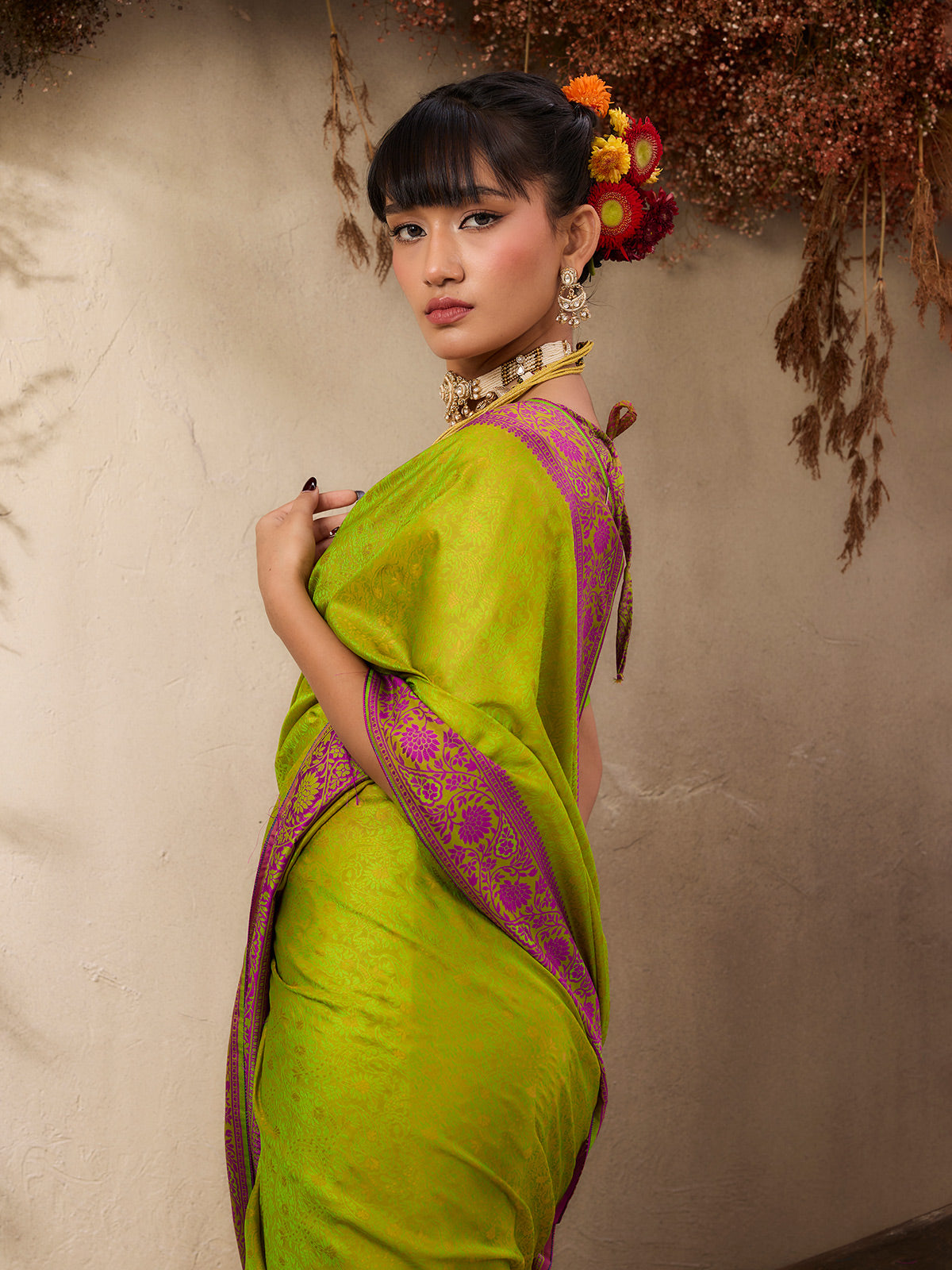 Stylish green kanjivaram silk festive wear saree