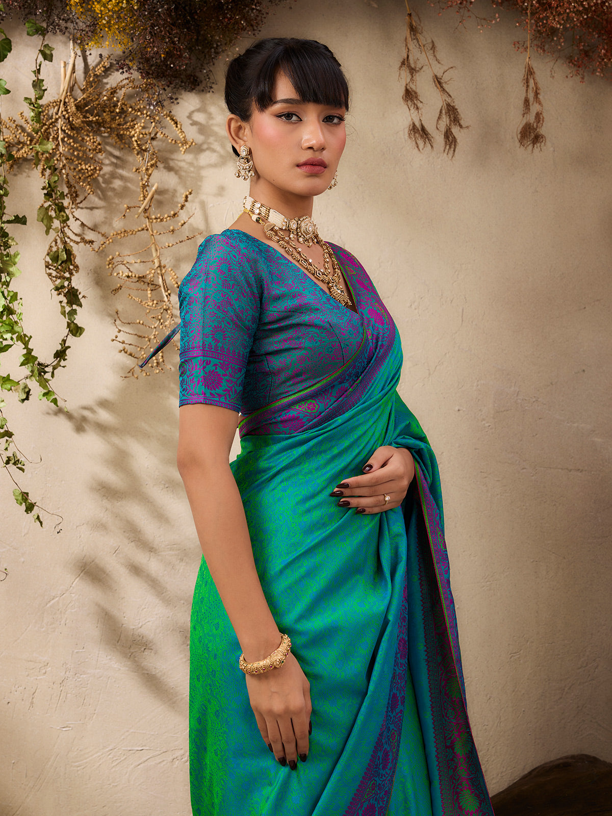Stylish rama blue silk festive ethnic saree
