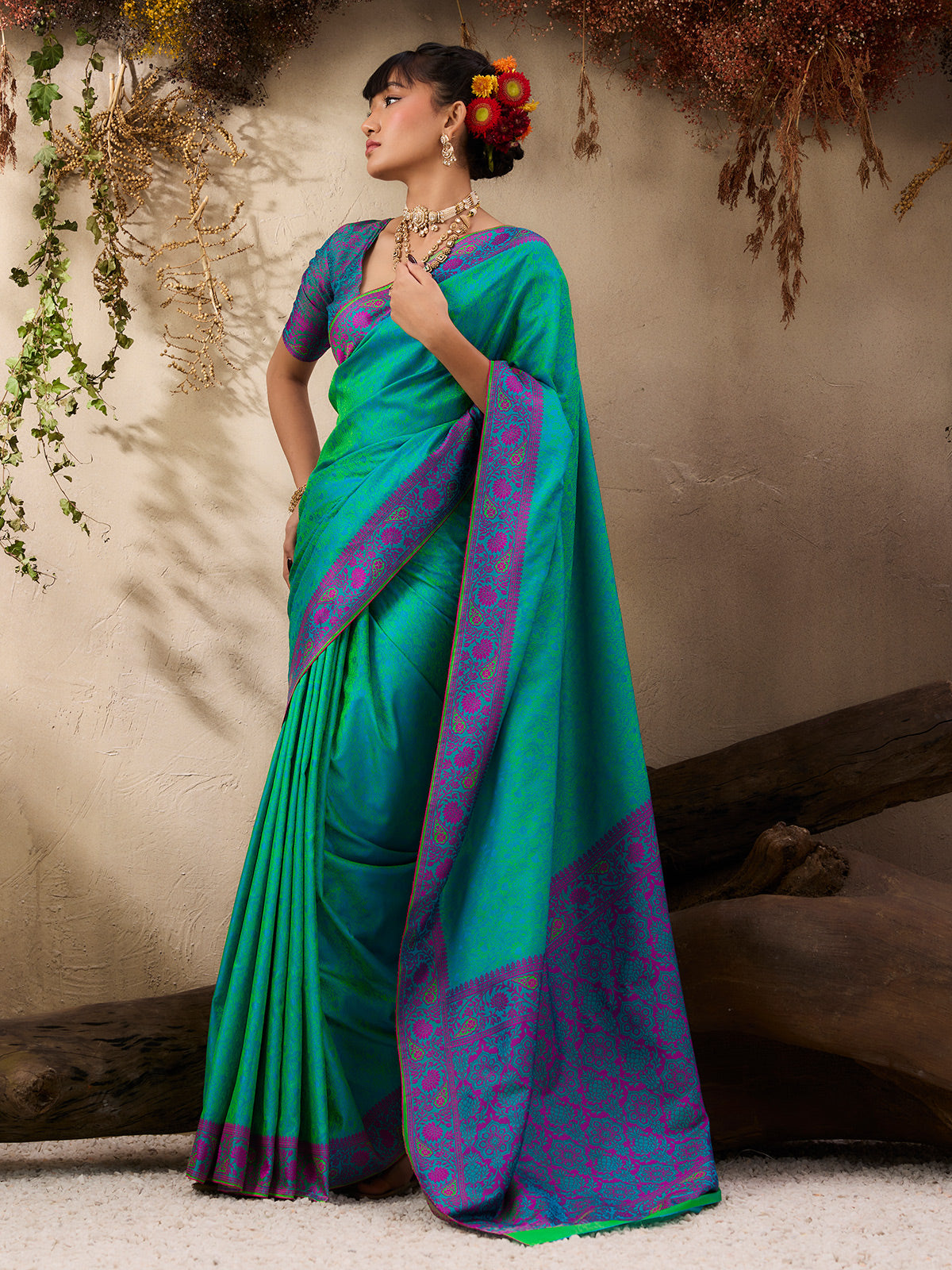 Stylish rama blue silk festive ethnic saree