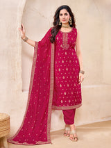 Magenta silk straight cut pant suit with dupatta