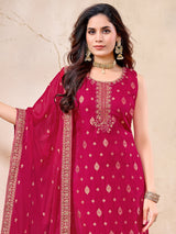 Magenta silk straight cut pant suit with dupatta
