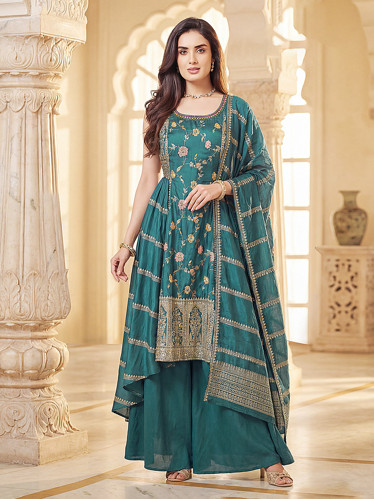Rama green silk designer palazzo suit with dupatta