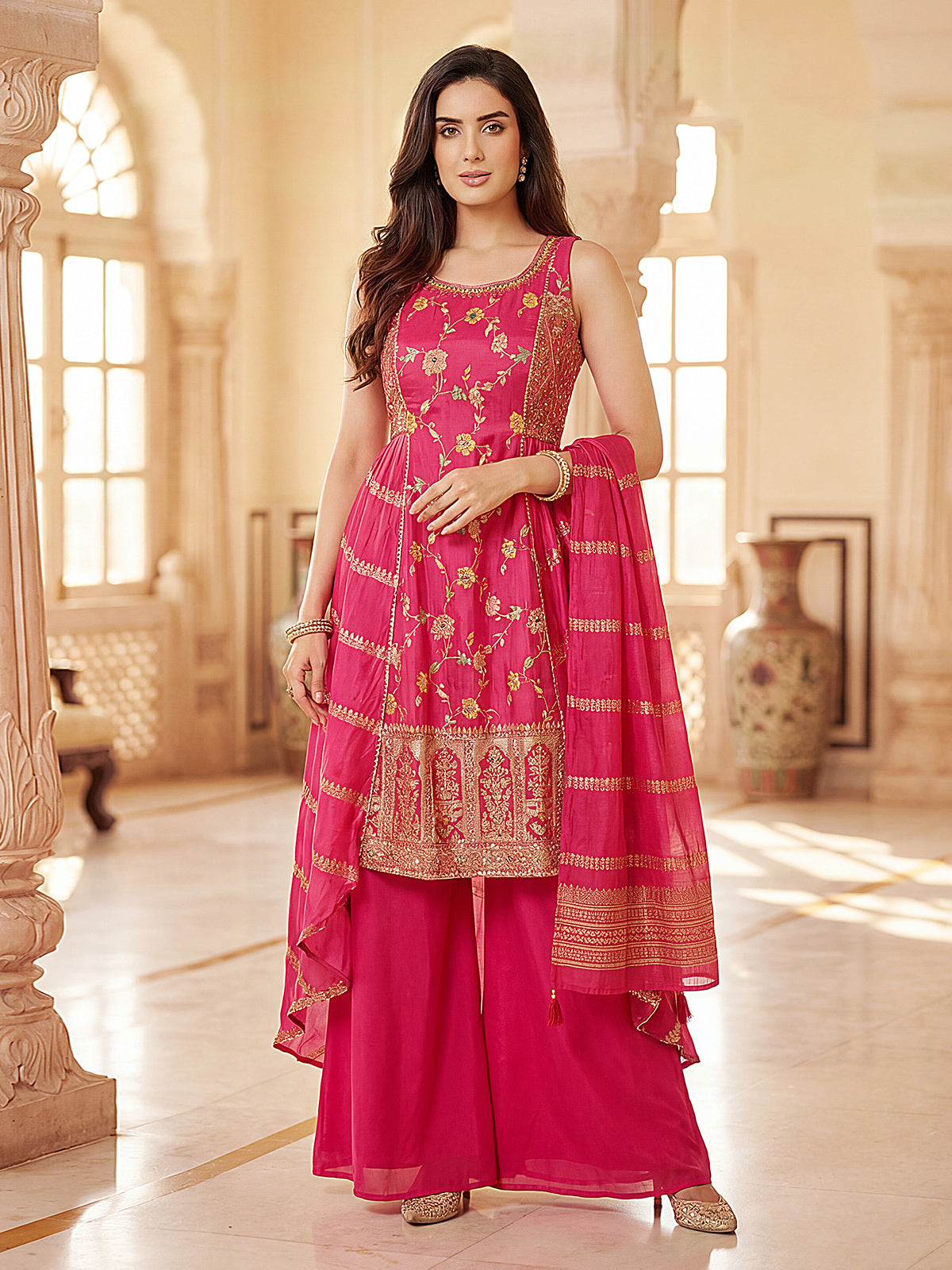 Rani pink silk designer palazzo suit with dupatta