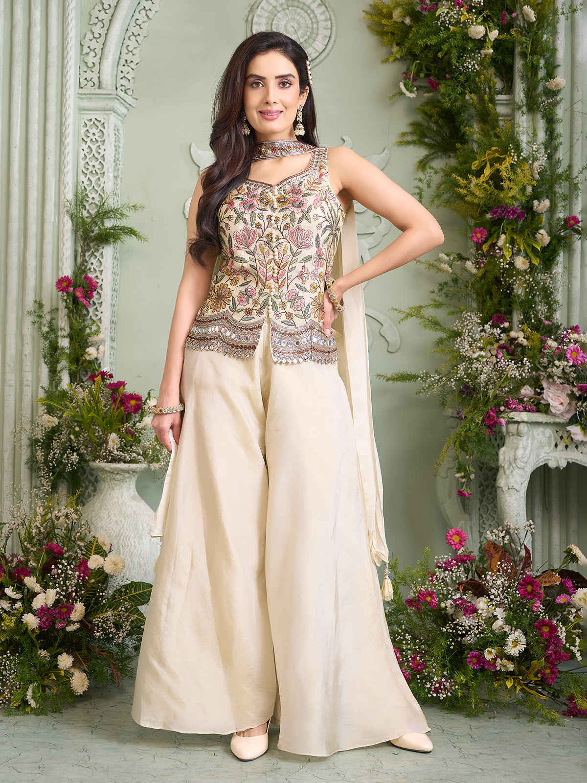 Cream silk palazzo suit with embroidered dupatta
