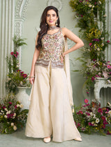 Cream silk palazzo suit with embroidered dupatta