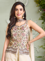 Cream silk palazzo suit with embroidered dupatta