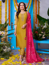 Yellow organza tissue straight cut suit with dupatta