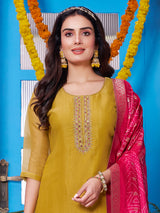 Yellow organza tissue straight cut suit with dupatta