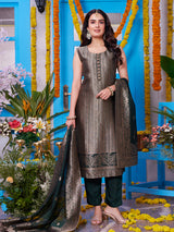 Bottle green brocade straight cut salwar suit