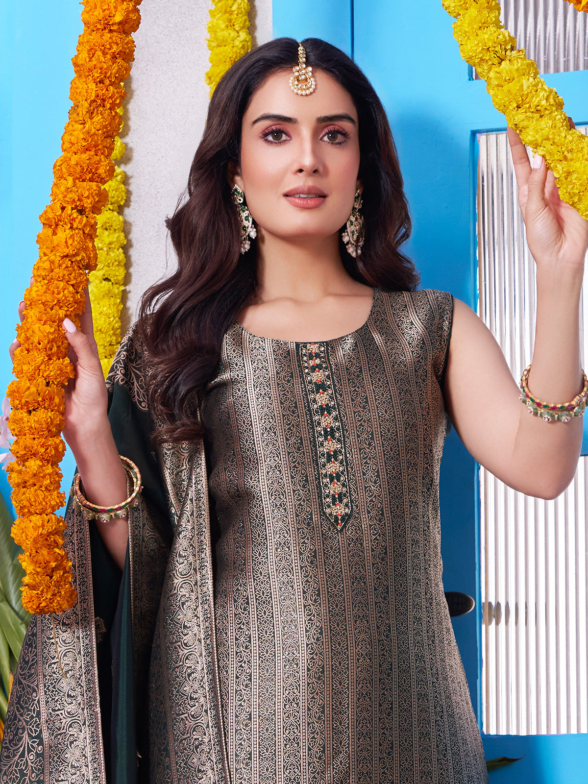 Bottle green brocade straight cut salwar suit