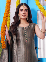 Bottle green brocade straight cut salwar suit