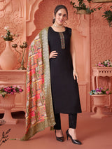 Black silk straight cut salwar suit with dupatta