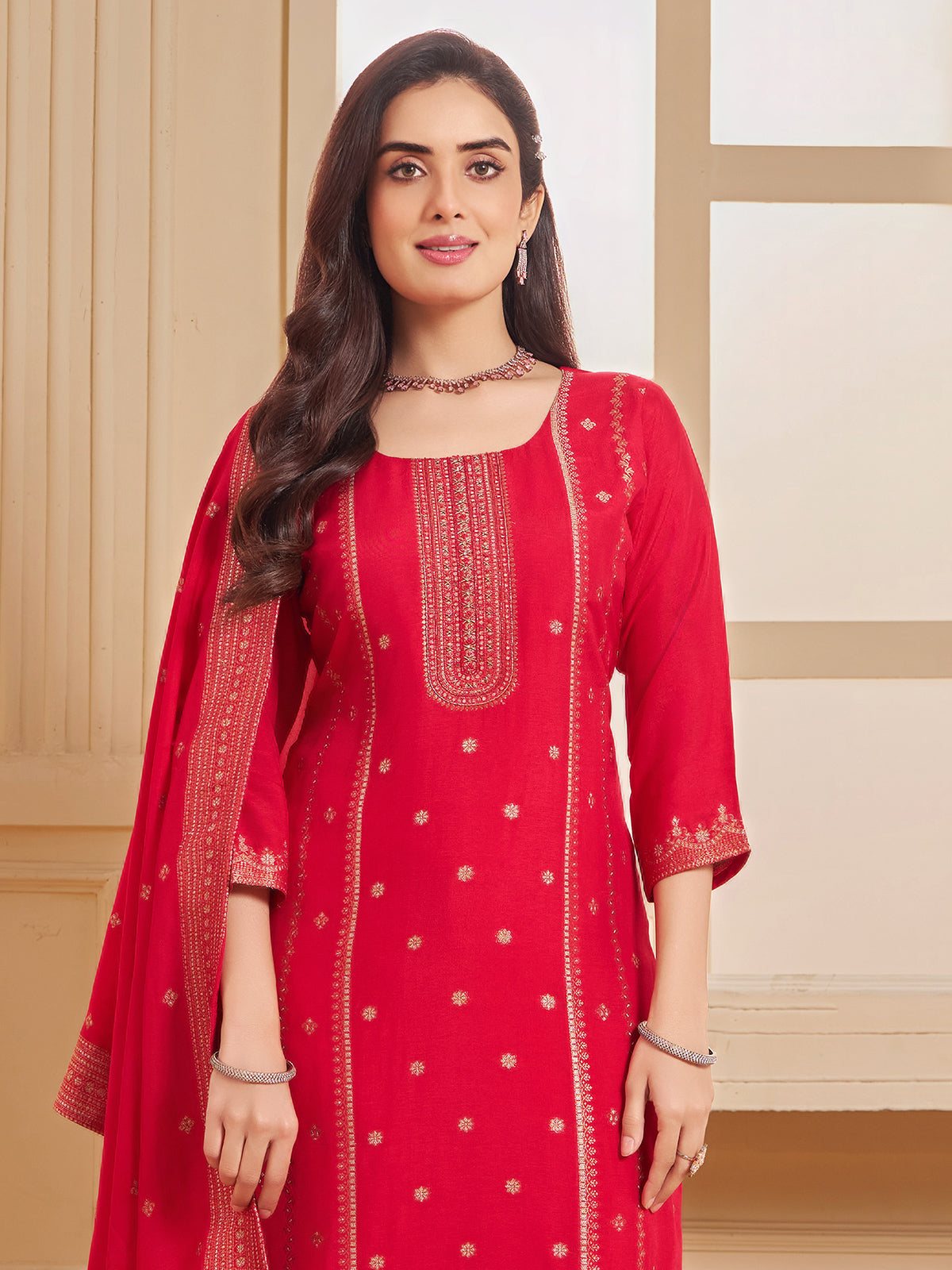 Rani pink silk straight cut salwar suit