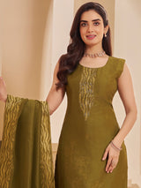 Mehendi green silk straight cut salwar suit