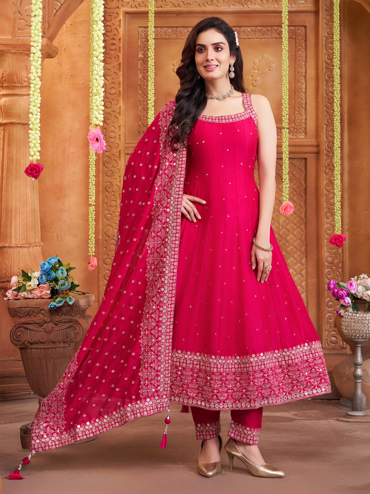 Magenta silk anarkali style salwar suit with dupatta