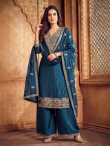 Rama blue silk pakistani palazzo suit with dupatta