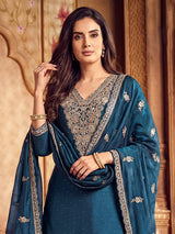 Rama blue silk pakistani palazzo suit with dupatta
