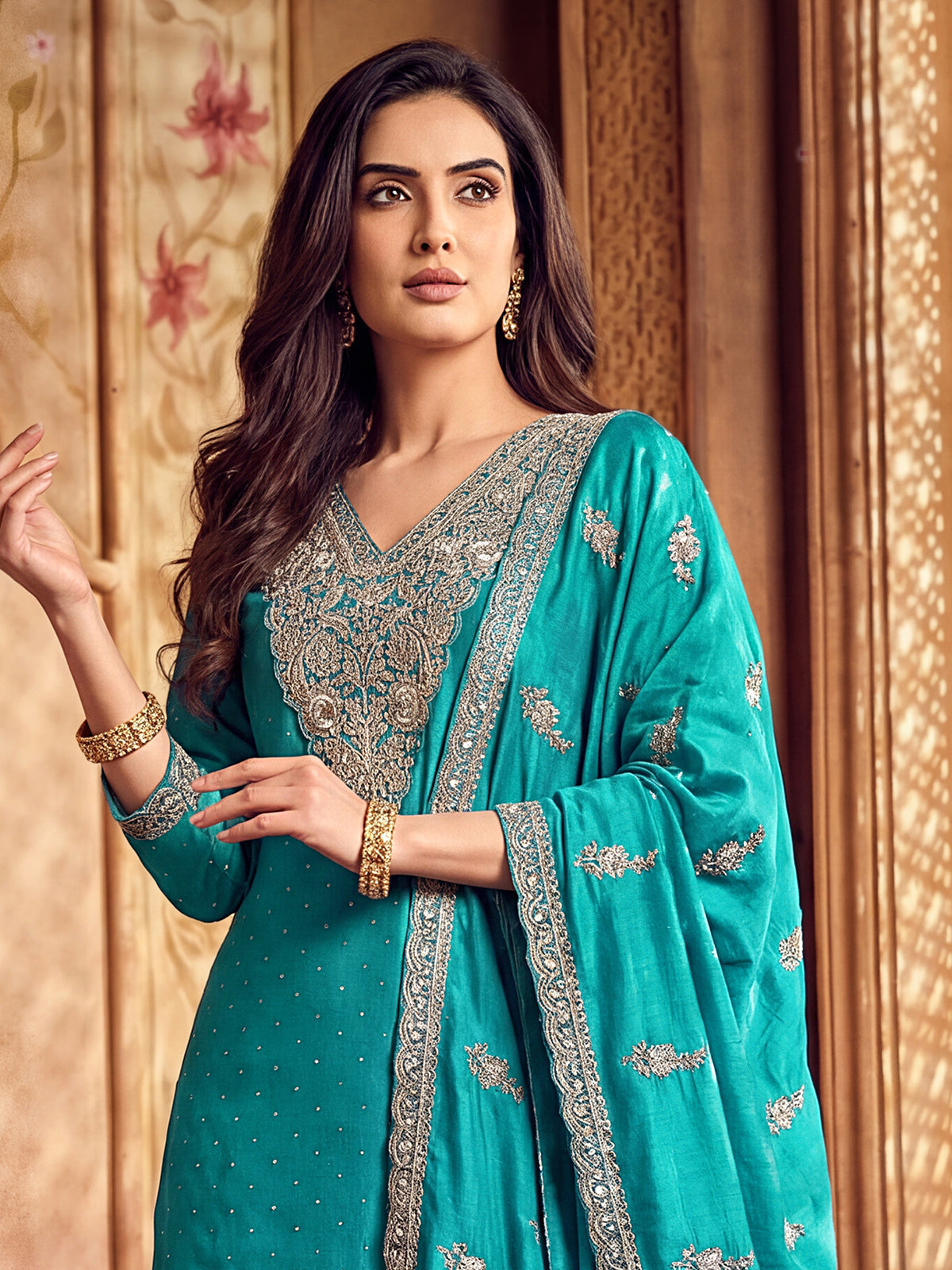 Aqua blue silk pakistani palazzo suit with dupatta