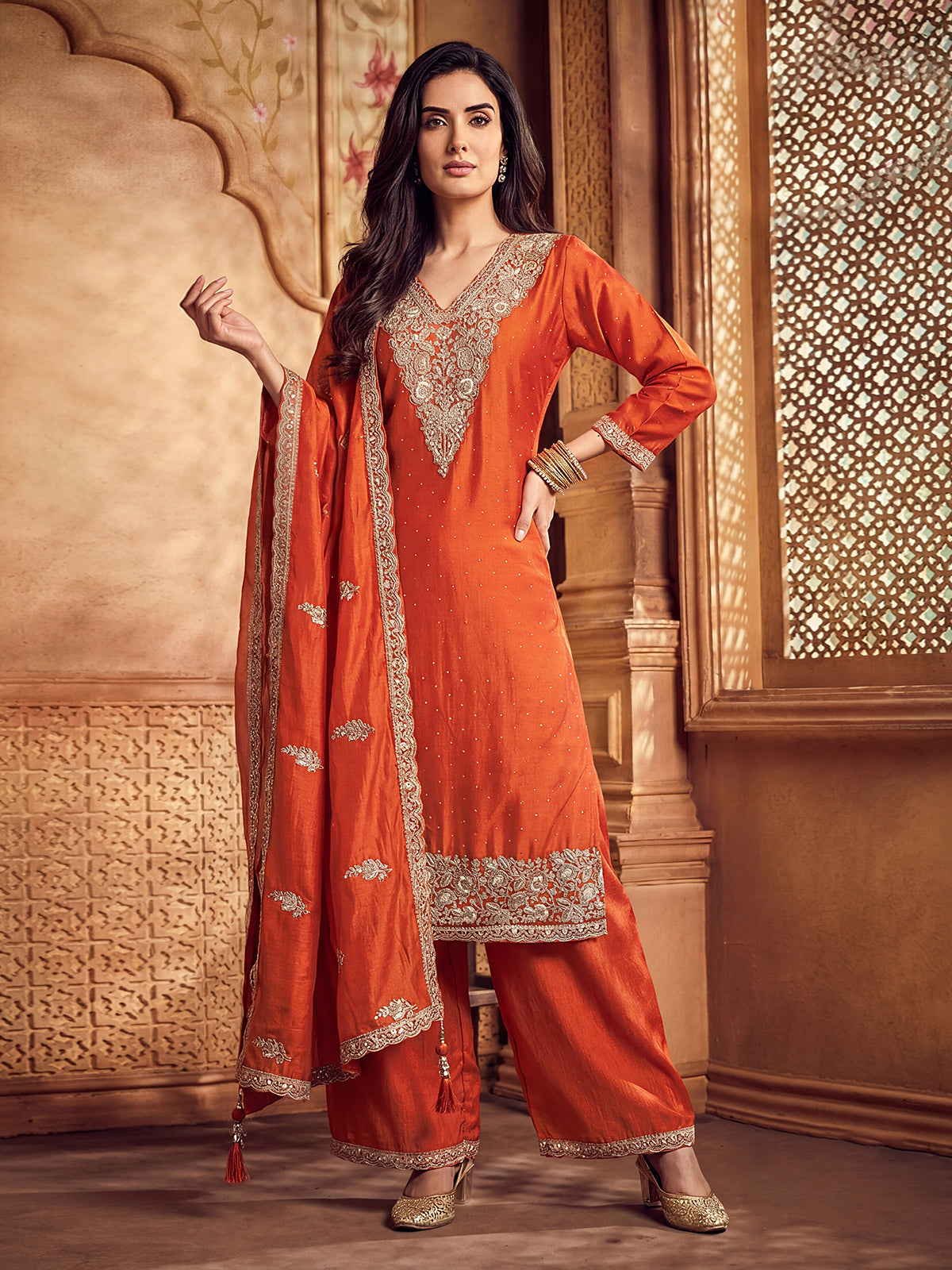 Rust orange silk pakistani palazzo suit with dupatta