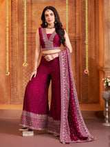 Wine silk sleeveless palazzo suit with dupatta set