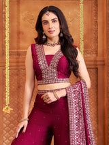 Wine silk sleeveless palazzo suit with dupatta set